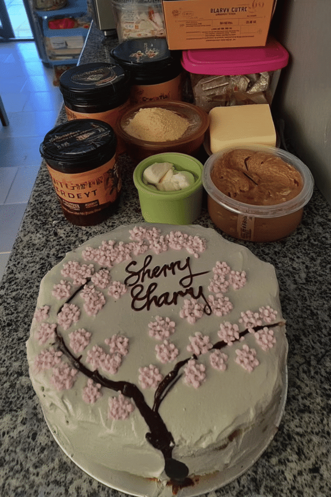 Cherry blossom birthday cake decorated with pink flowers and gold flakes