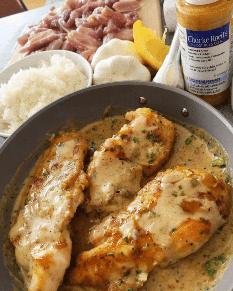 Sliced chicken breast covered in creamy garlic sauce