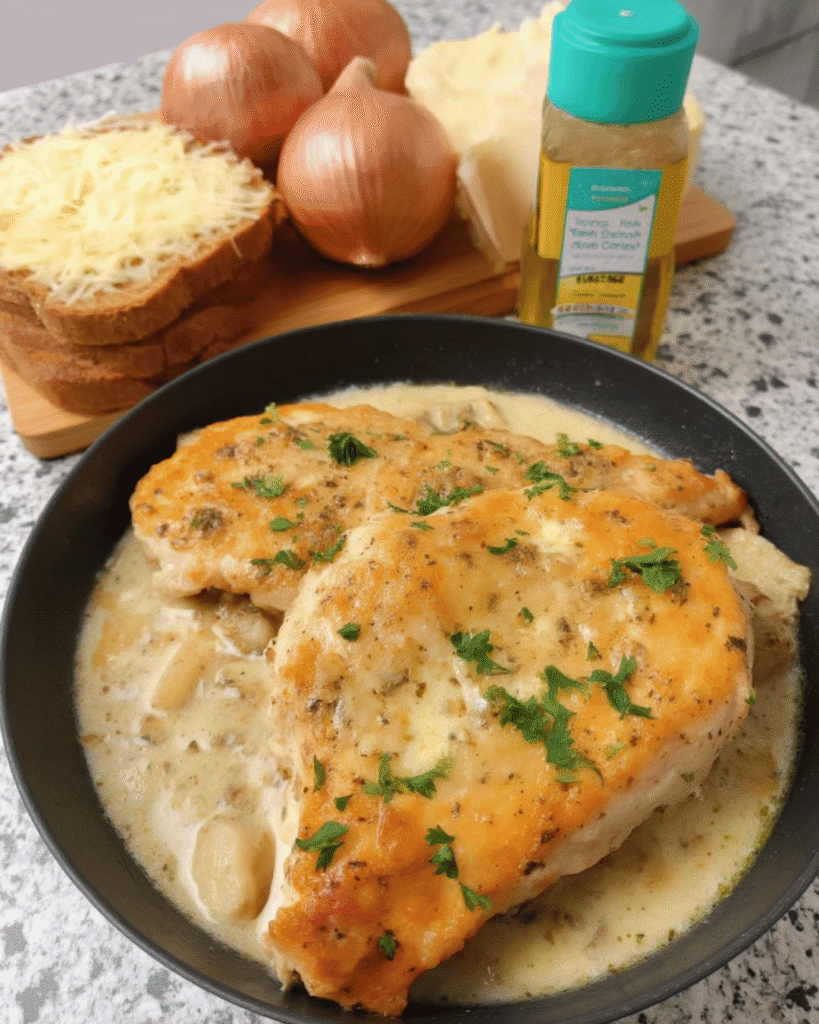 Chicken breasts in pan with lemon wedge and parsley