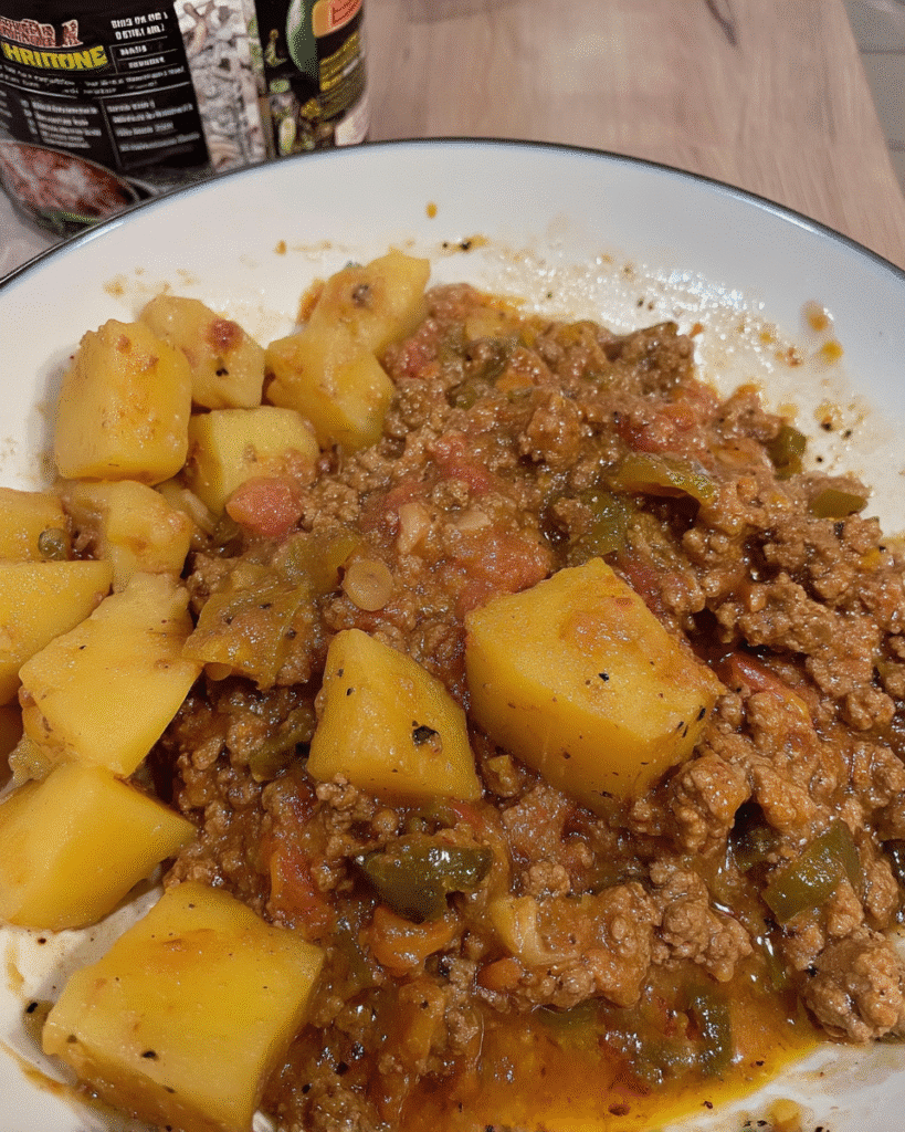 Close-up of spoonful of Hatch green chili beef stew