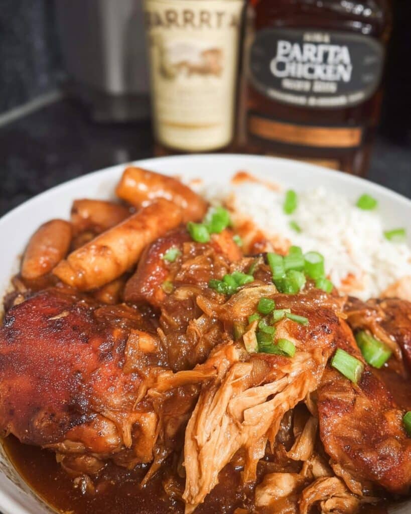Easy Crock Pot Bourbon Chicken recipe! Juicy chicken thighs simmered in a sweet and savory bourbon sauce. Perfect for a weeknight dinner or meal prep! Get the recipe for this delicious crockpot chicken now.