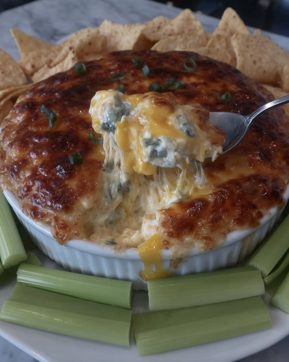 Buffalo chicken dip served with chips and celery on platter