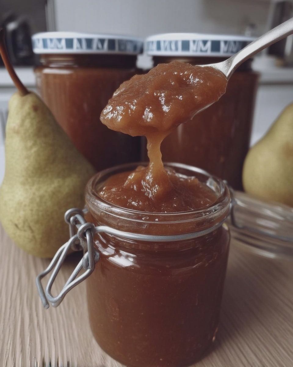 pear butter recipe canned in small gift jars with ribbon