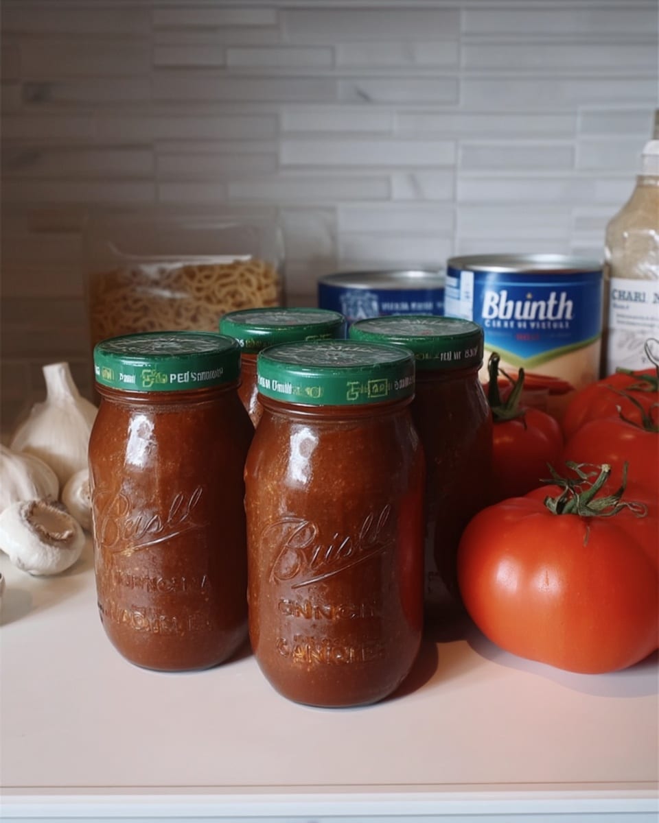 Ingredients for canning spaghetti sauce on rustic wooden table