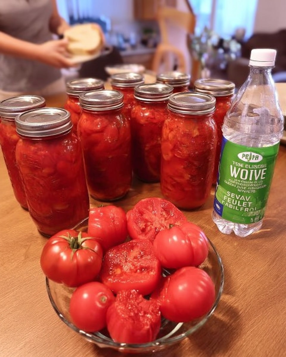 Packed mason jar of diced tomatoes with funnel in place