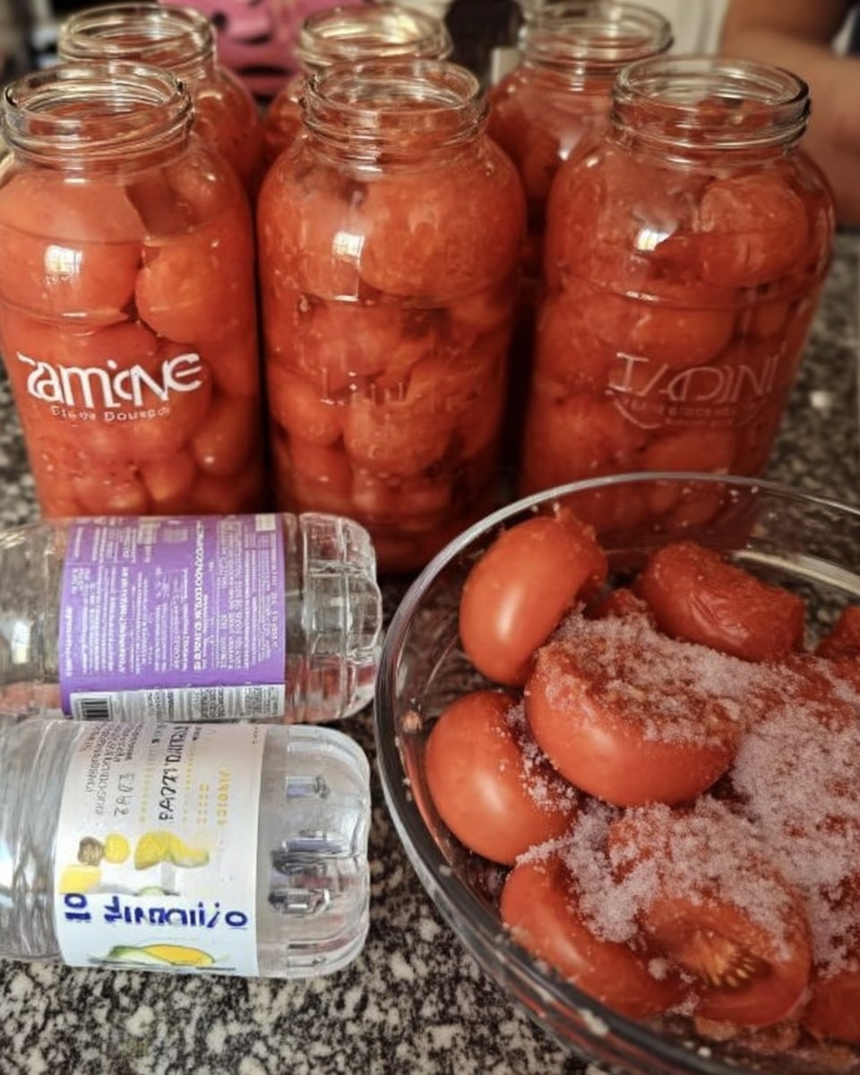 Fresh tomatoes, salt, lemon juice, and jars arranged for canning
