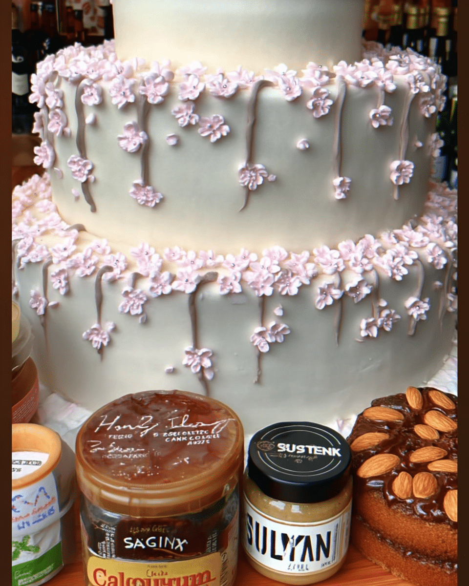 Close-up of cherry blossom cake ideas showing almond sponge