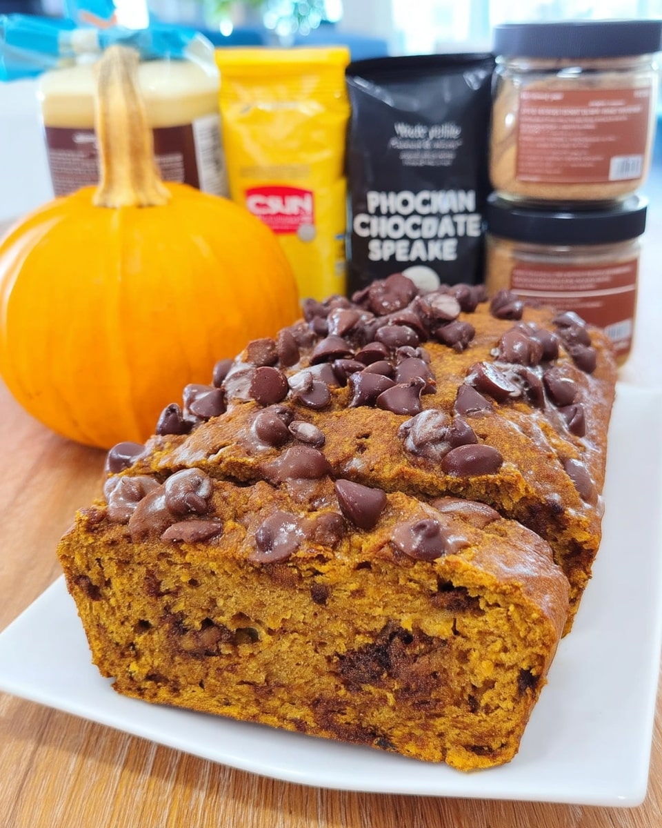 chocolate chip pumpkin bread sliced on wooden board