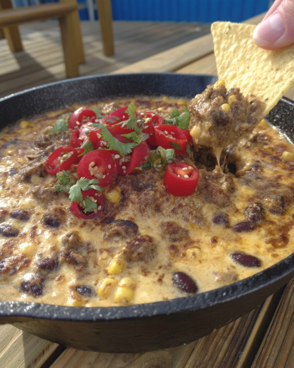 Close-up of cheesy Cowboy Queso with tomatoes and beef