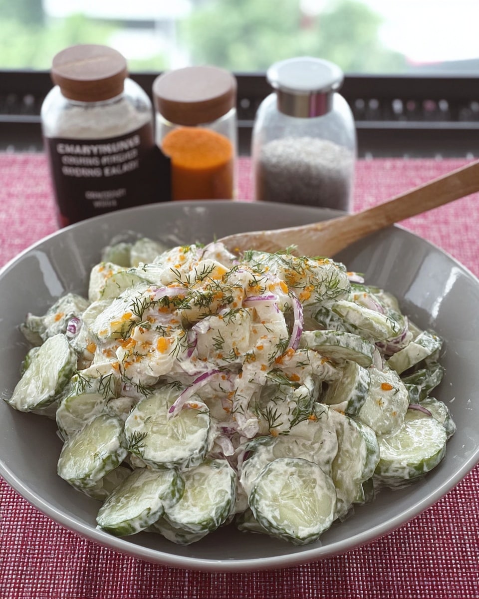 Top view of creamy cucumber salad with dill garnish