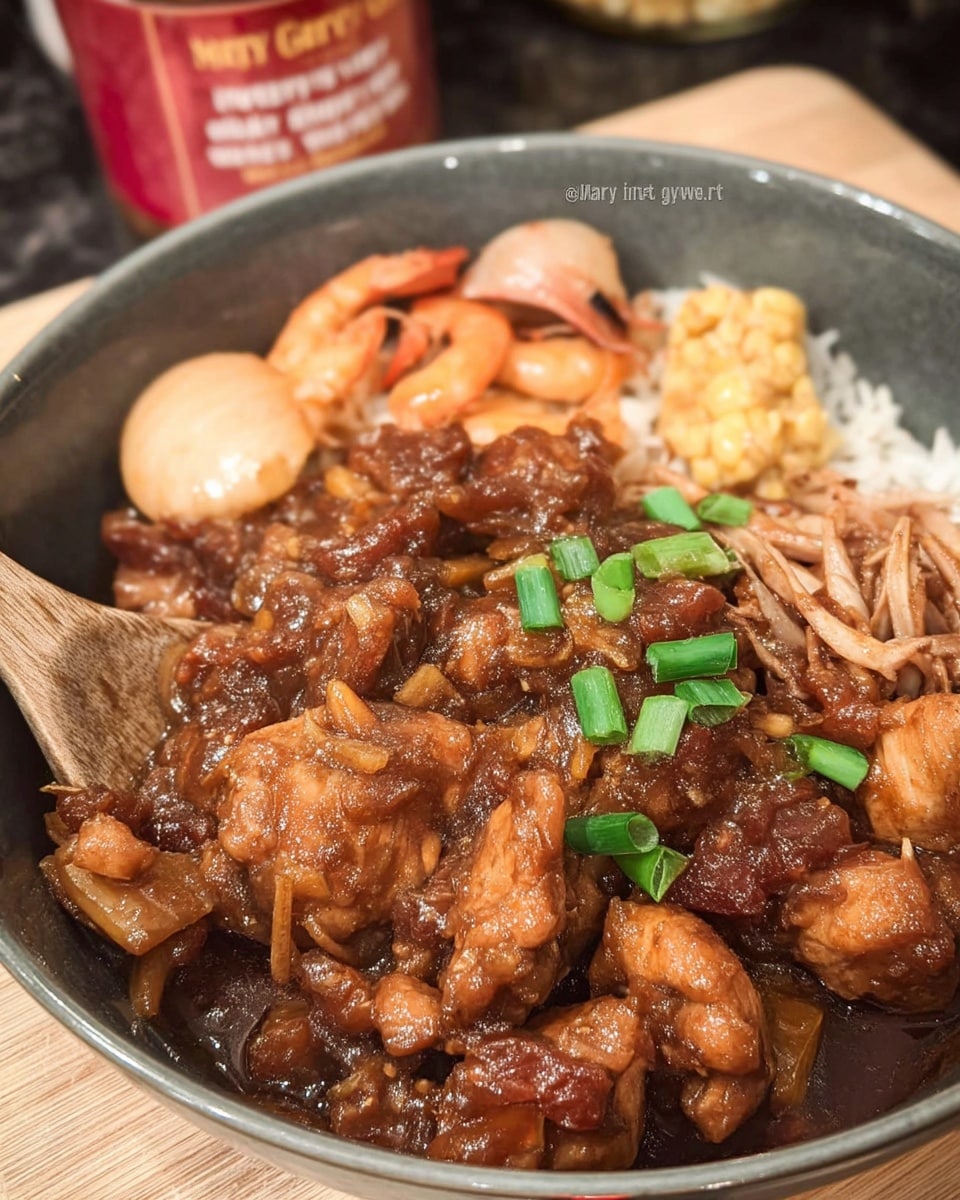Crockpot bourbon chicken served over fluffy white rice