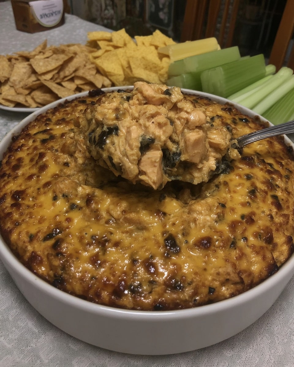Easy tailgate food showing a cheesy scoop of buffalo chicken dip