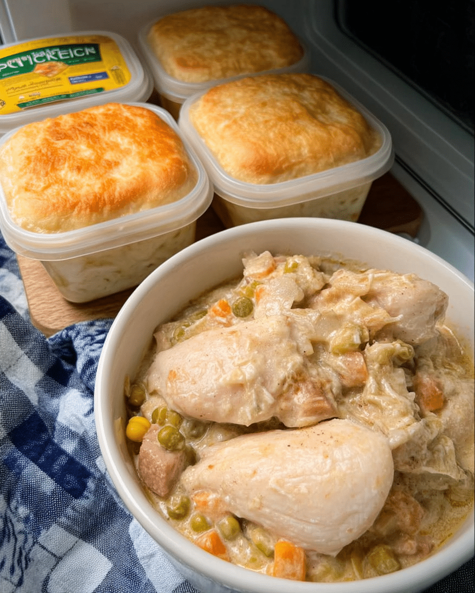 Chicken crockpot dinner topped with buttery biscuits