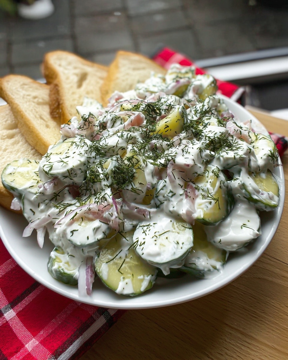 Thinly sliced cucumbers in creamy dill dressing