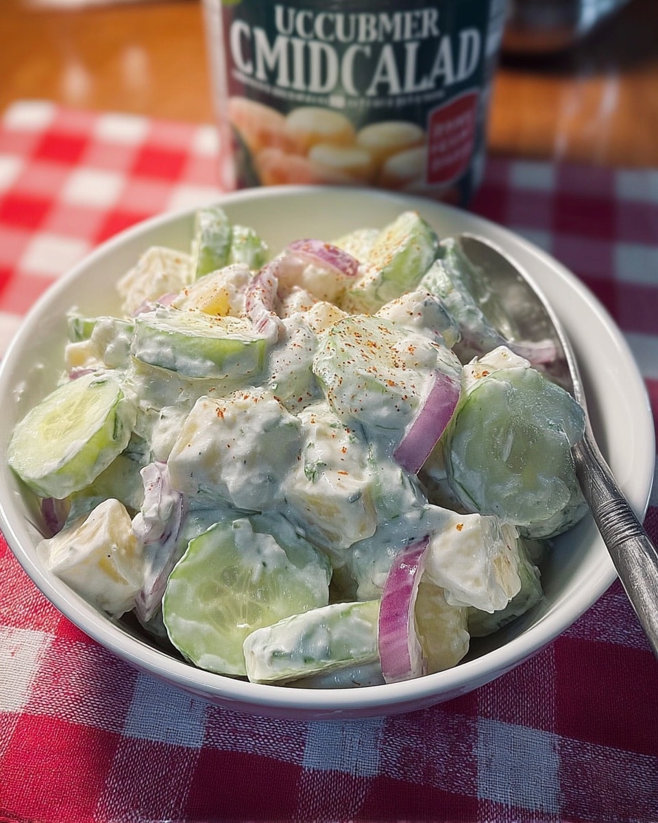 Cucumber salad in picnic setting with sandwiches