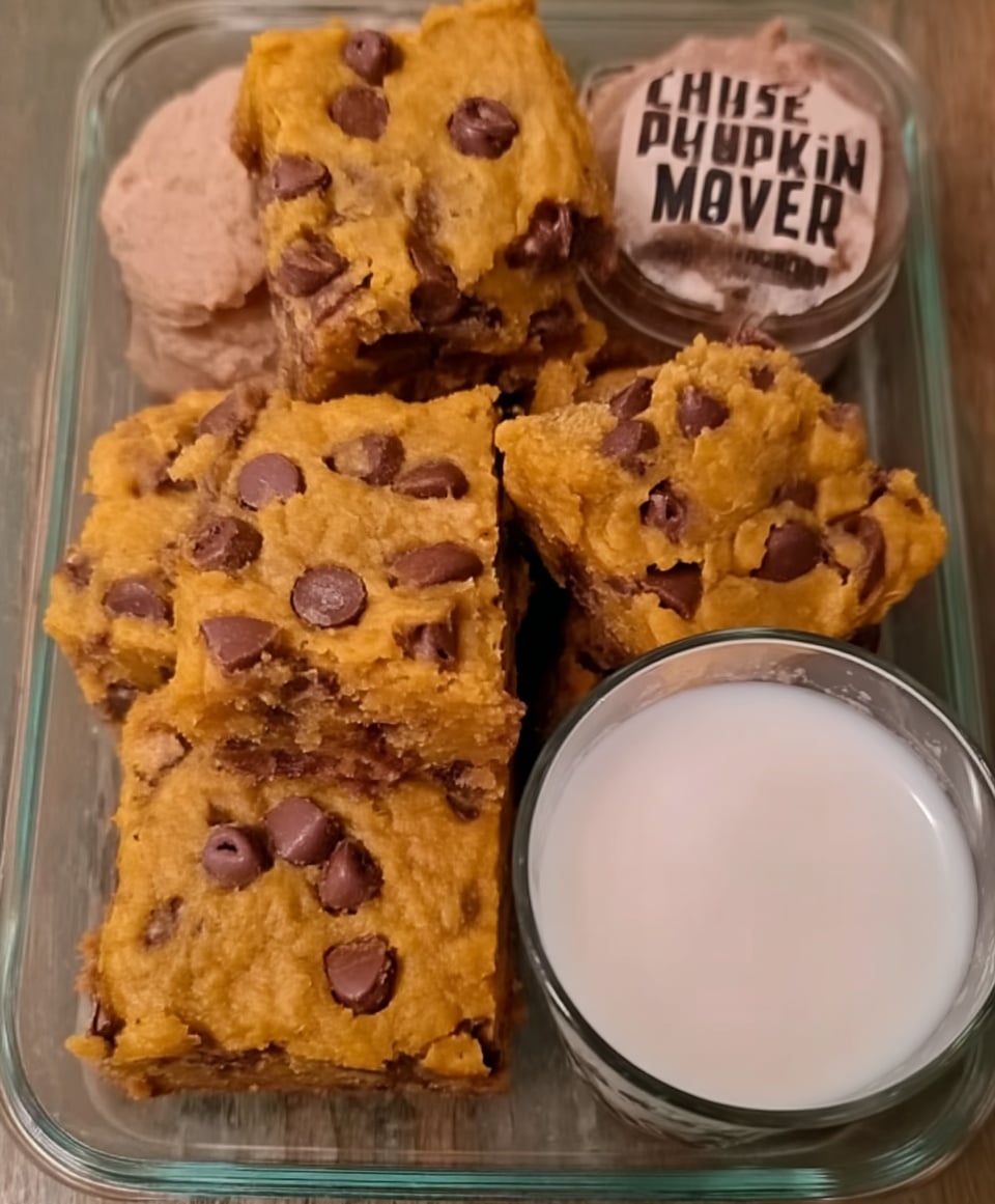 Thick pumpkin bar batter with chocolate chips in a mixing bowl