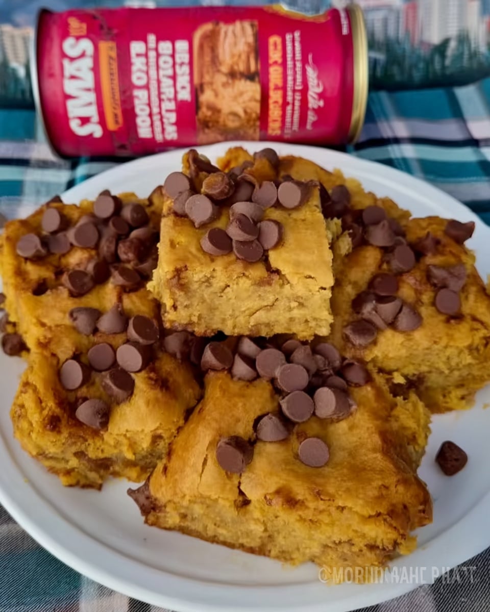 Pumpkin chocolate chip dessert bars on a cozy autumn table