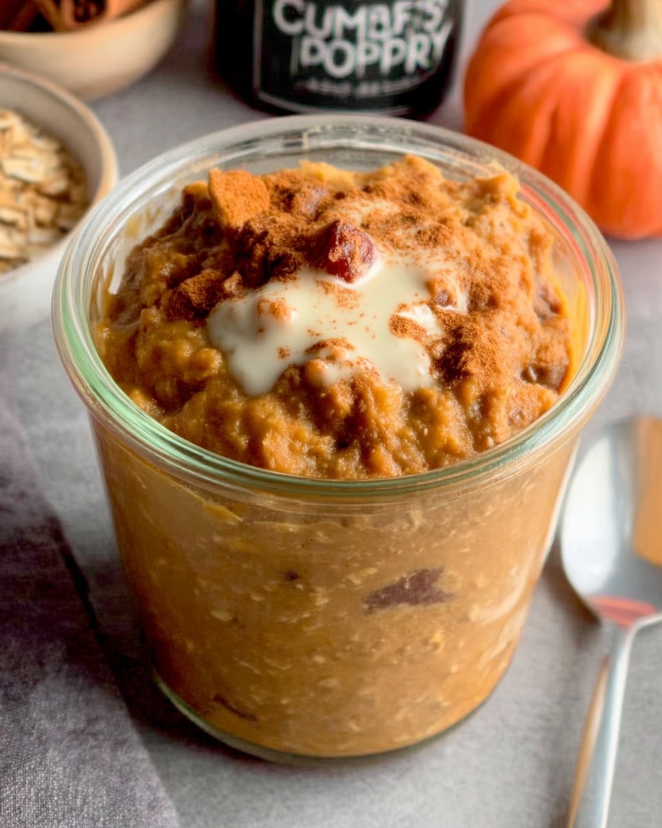 Pumpkin overnight oats surrounded by fall leaves and cinnamon