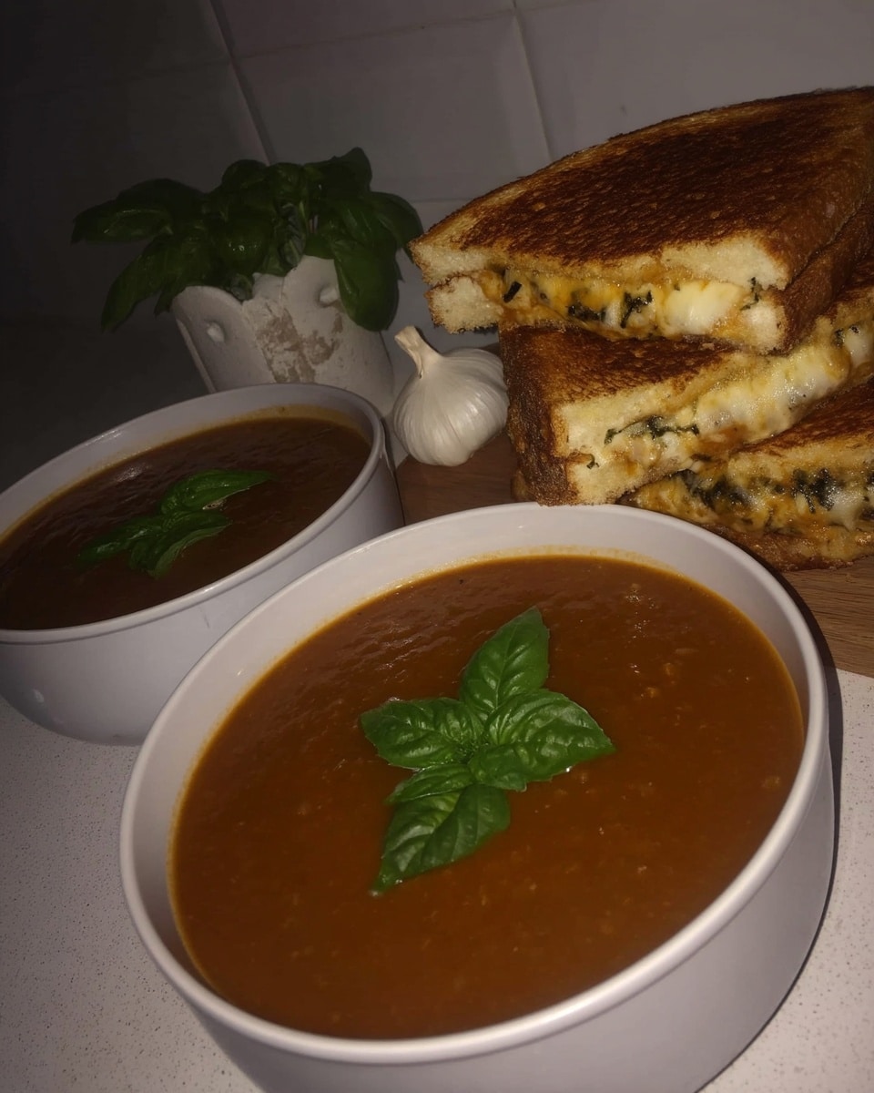 Comforting Roasted Tomato Basil Soup recipe! Roasting the tomatoes brings out a rich flavor. Get the full recipe and enjoy this soup with grilled cheese!