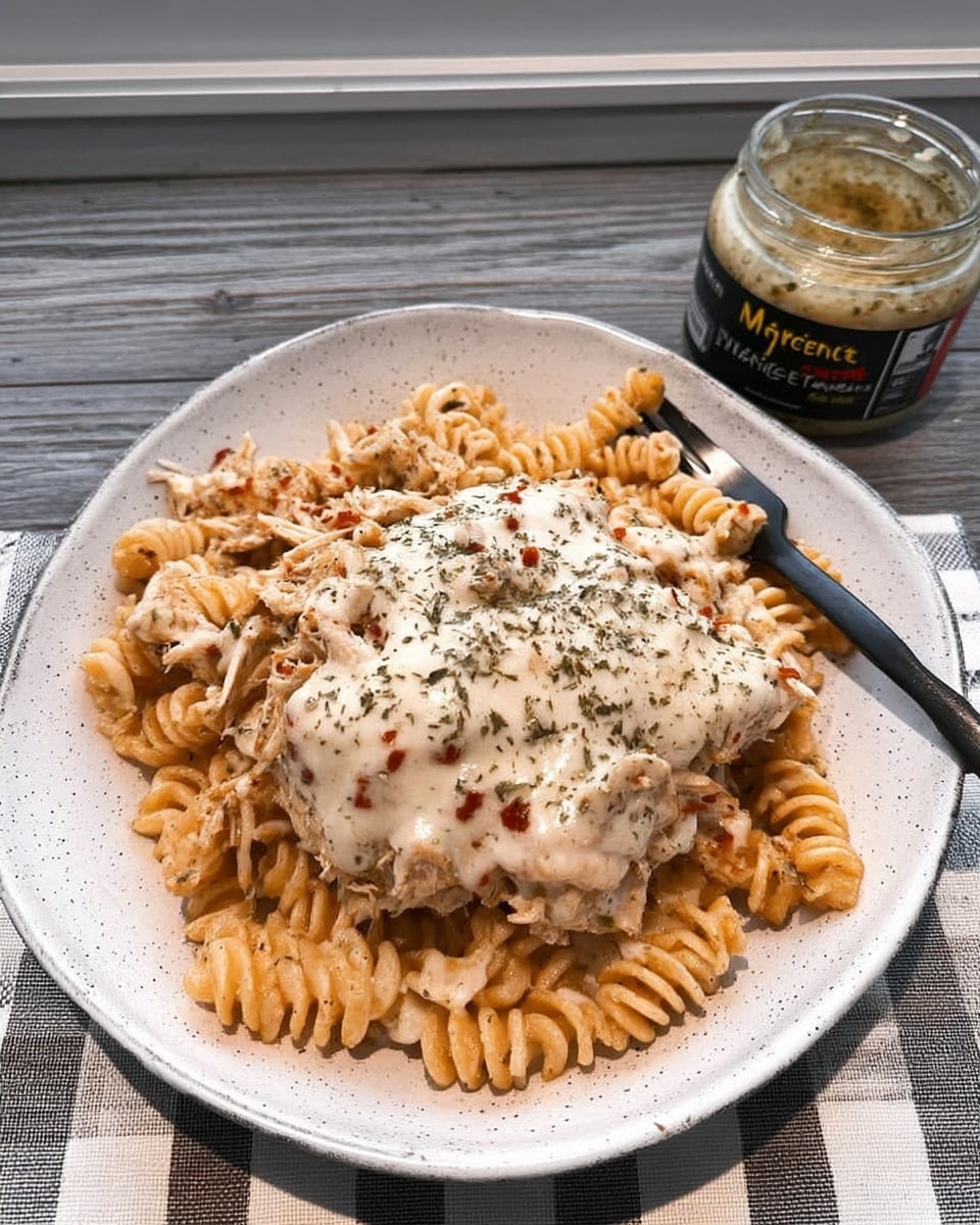 Shredded chicken and rotini pasta in creamy garlic sauce