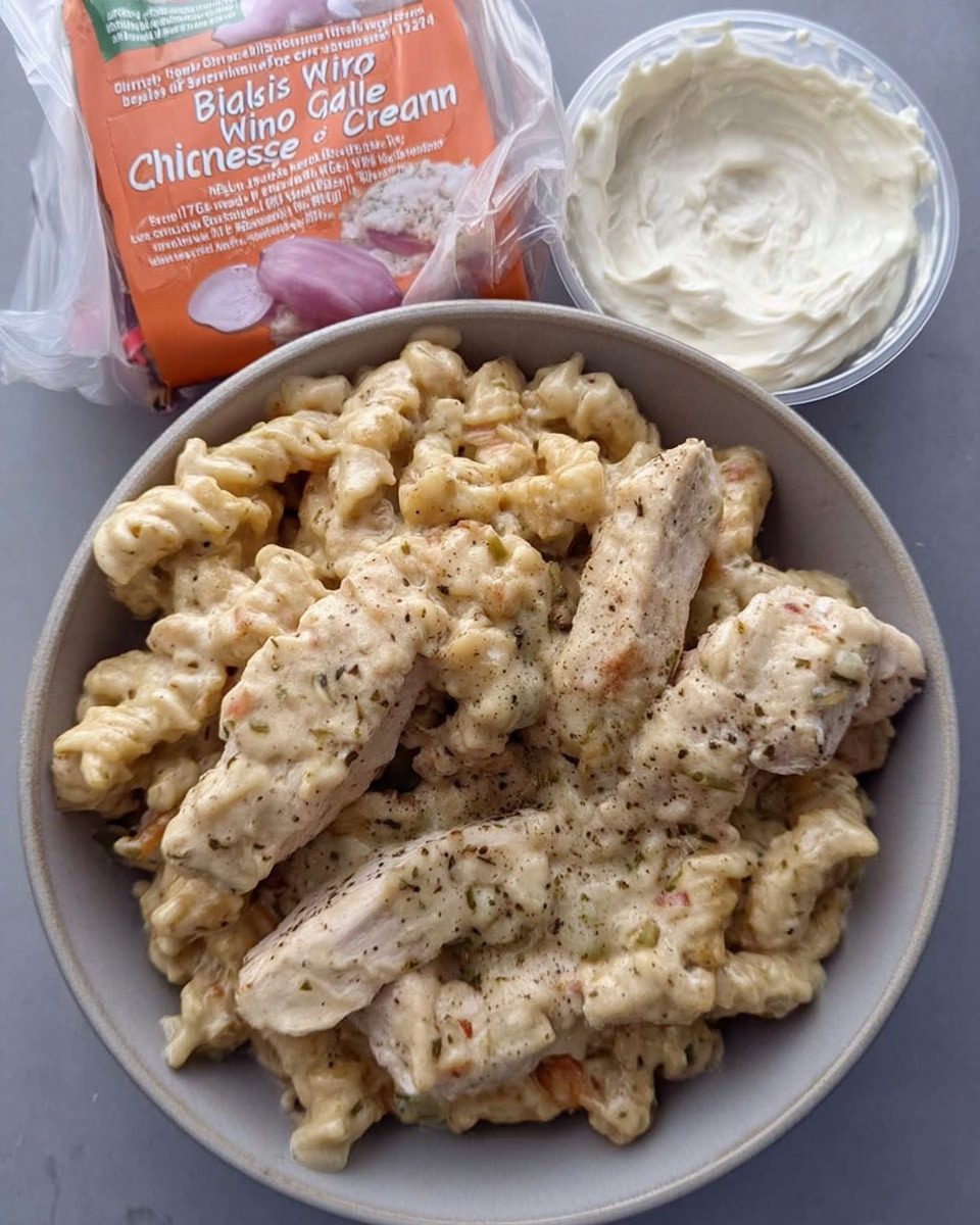 Close-up of creamy crockpot chicken pasta