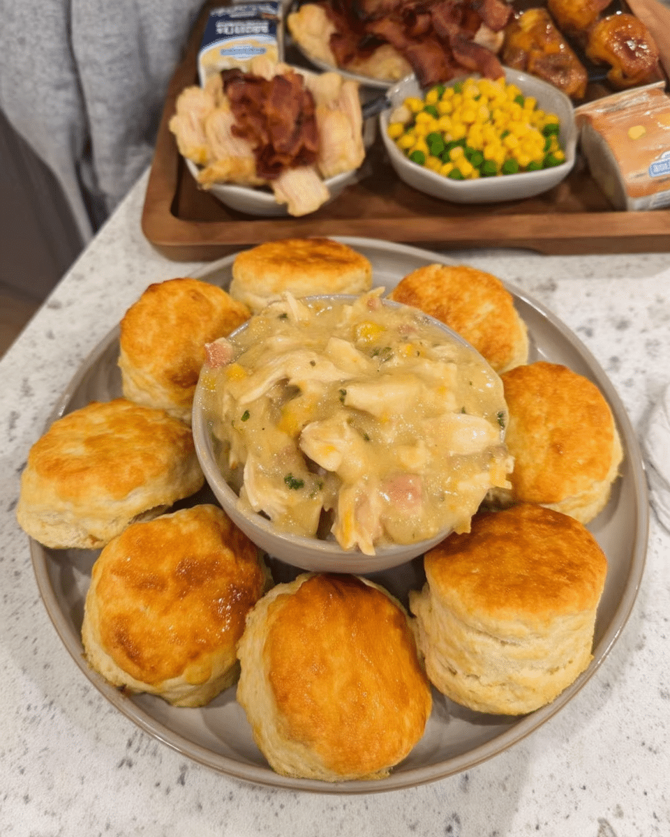 Close-up of biscuits over creamy chicken pot pie for fall dinner recipes