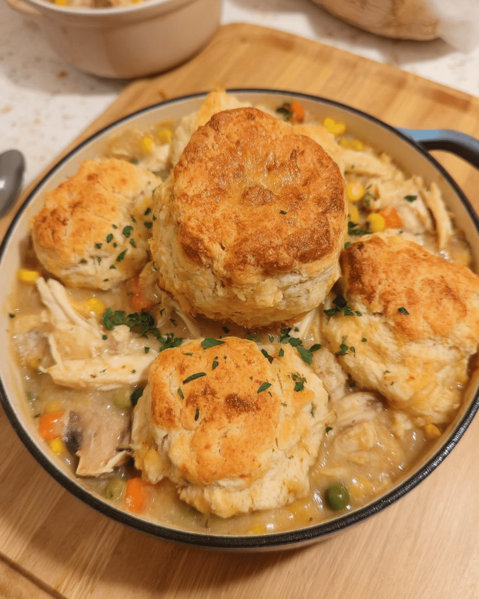 Chicken pot pie filling topped with biscuit for cozy fall dinner recipes
