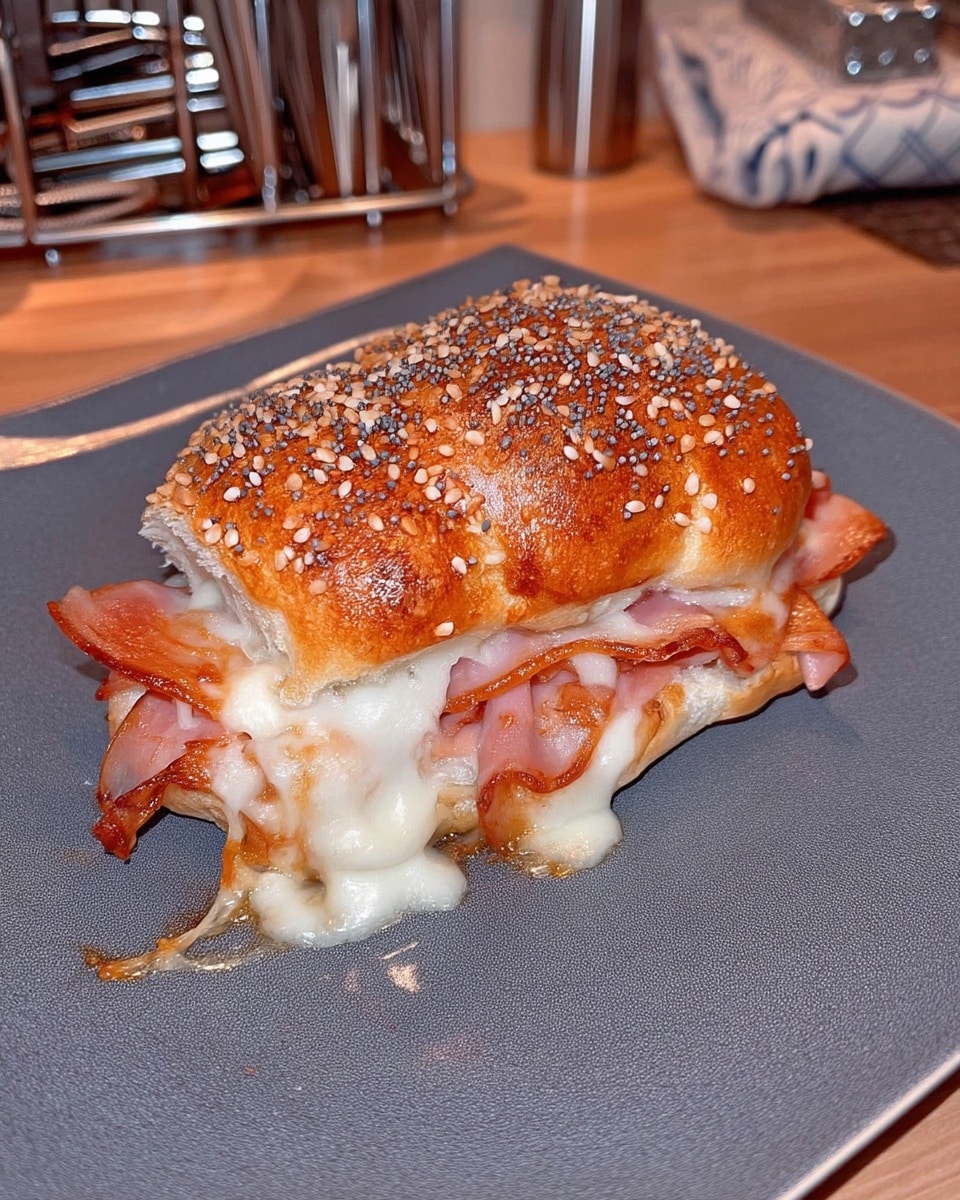 Close-up of ham and Swiss slider on baking dish