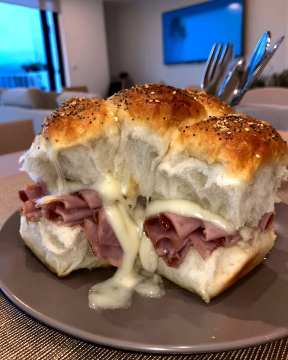 Meat and Cheese Sliders: Easy tailgate and party food! Delicious ham and Swiss sliders baked with a savory butter sauce. Perfect appetizer or Super Bowl snack!
