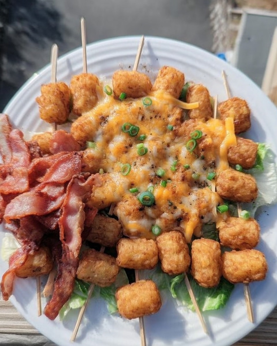 Football party foods with skewered tater tots on tray