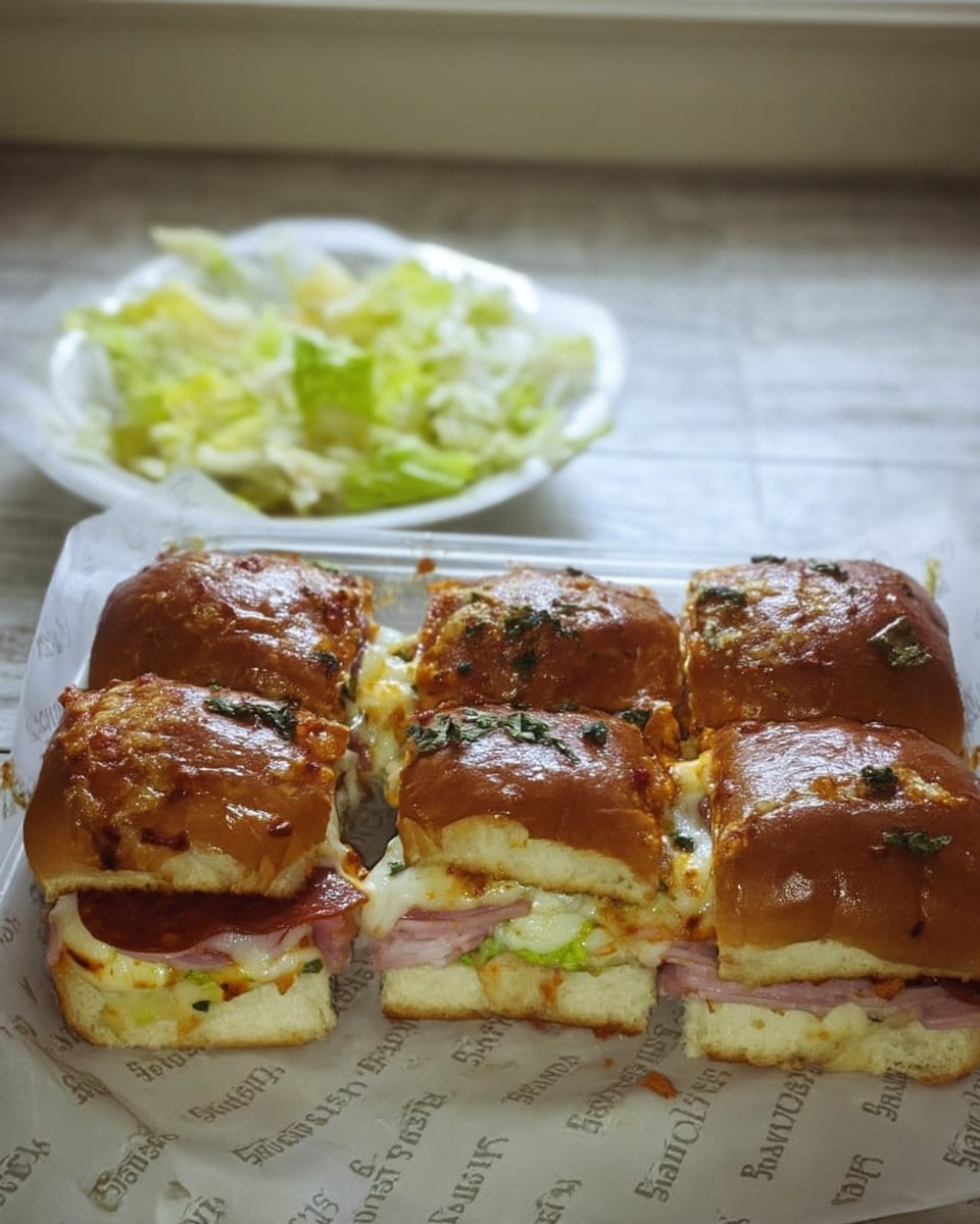 Easy Italian Grinder Sliders: A crowd-pleasing recipe with layers of ham, pepperoni, salami, provolone, and a tangy grinder salad, all baked on sweet Hawaiian rolls. Perfect for potlucks, parties, or a fun family supper!
