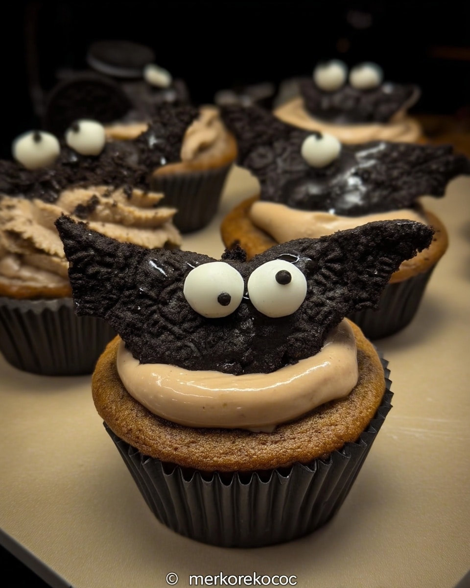 Halloween dessert table with cupcakes and themed decor