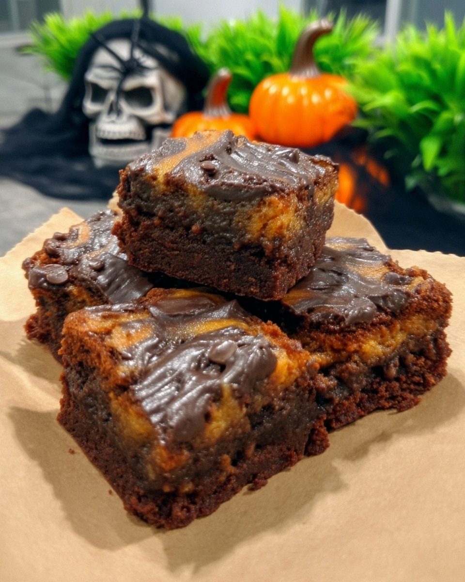 Spooky Halloween cream cheese swirl brownies recipe! These decadent dark chocolate brownies are topped with a layer of orange cheesecake swirled together for a festive treat. Get the recipe and bake a batch for your Halloween party!