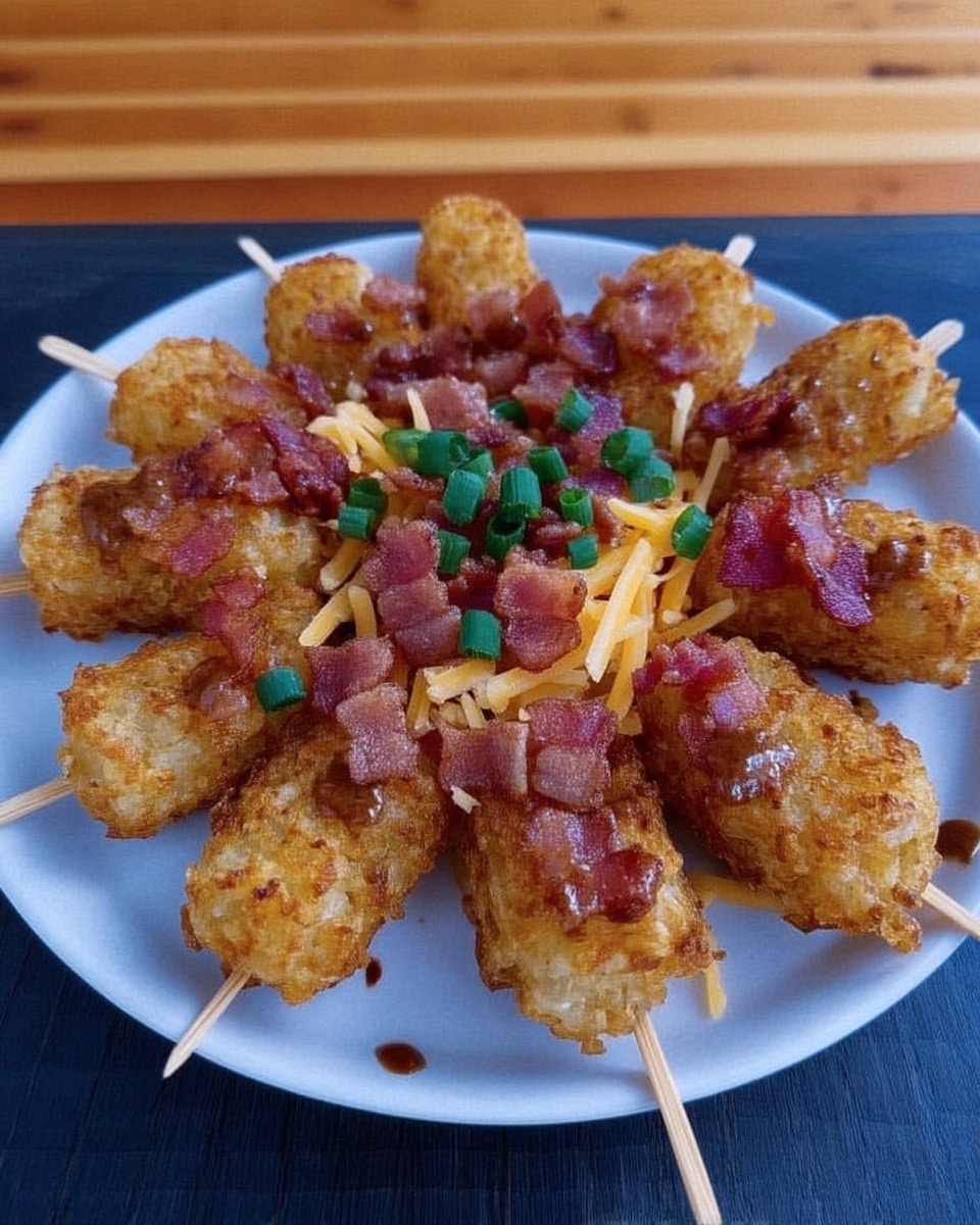 Hand holding a bacon cheddar tater tot skewer