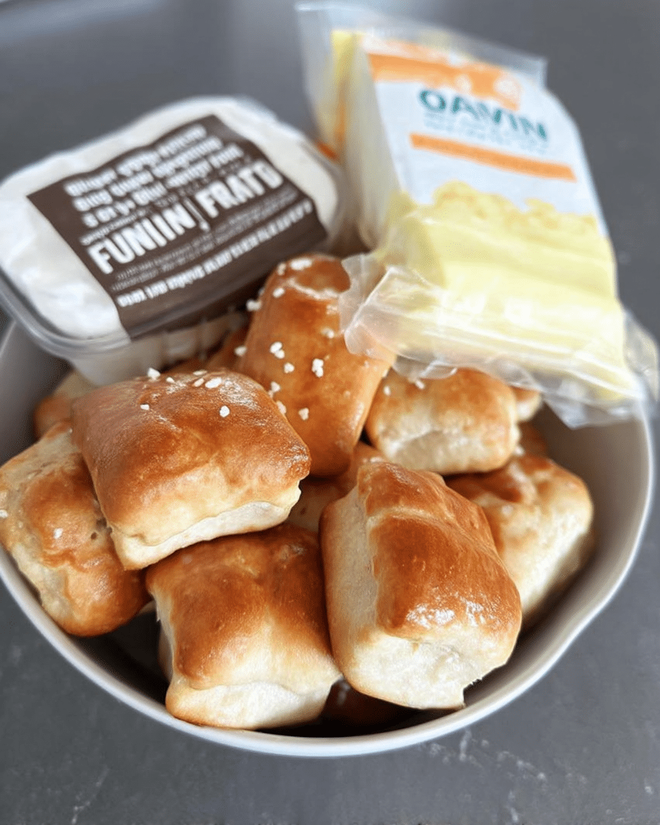 Pretzel snacks with yogurt dipping sauce on white plate