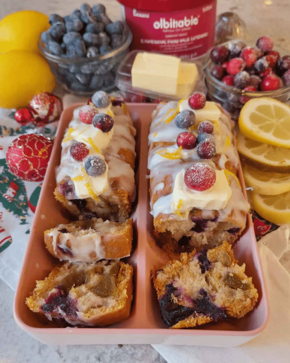 Holiday brunch table with mini loaf pan blueberry breads