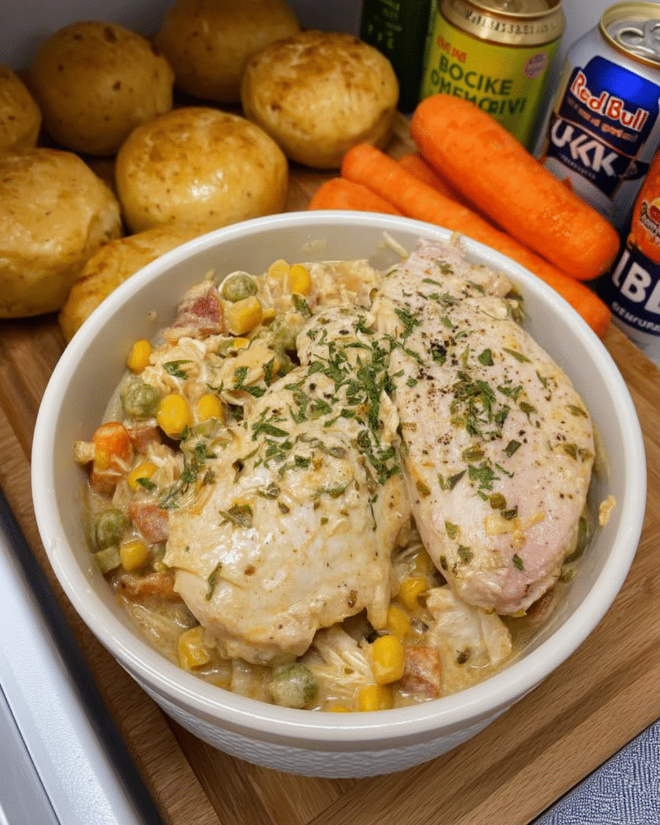 Chicken Breast Crockpot Recipes - Homestyle crockpot chicken served in white bowl with parsley garnish
