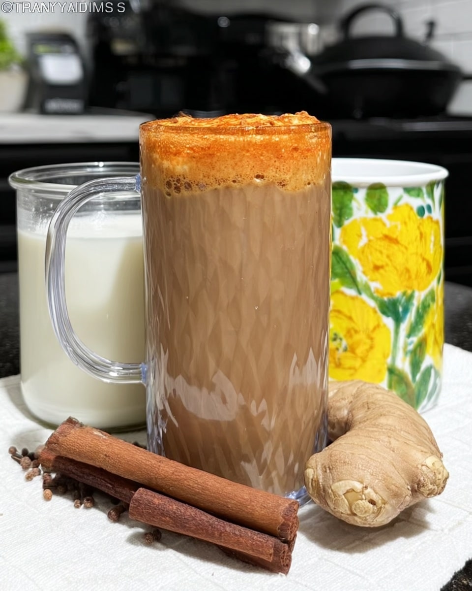 Close-up of pumpkin cream foam on iced chai latte