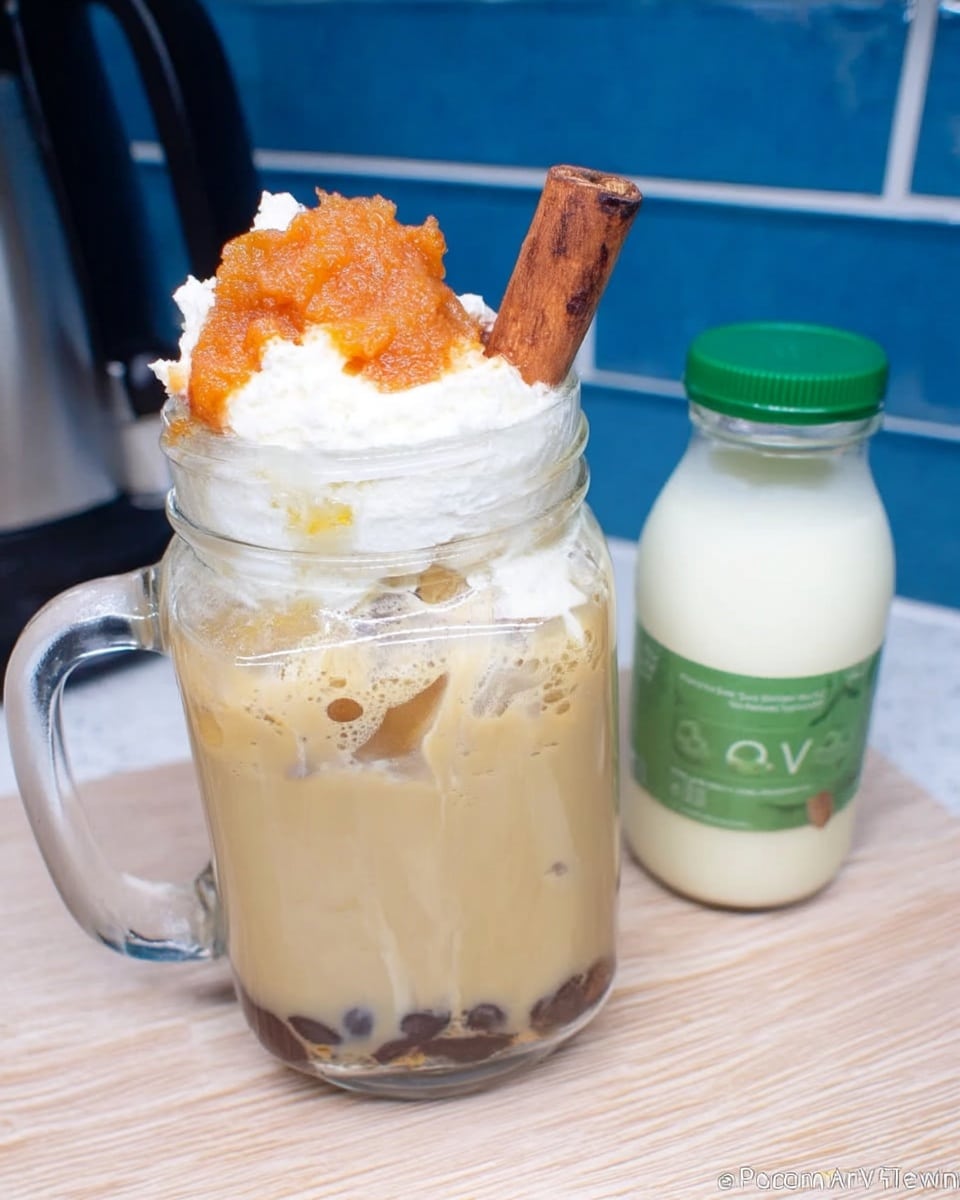 Iced Pumpkin Cream Chai Tea Latte in clear glass with foam