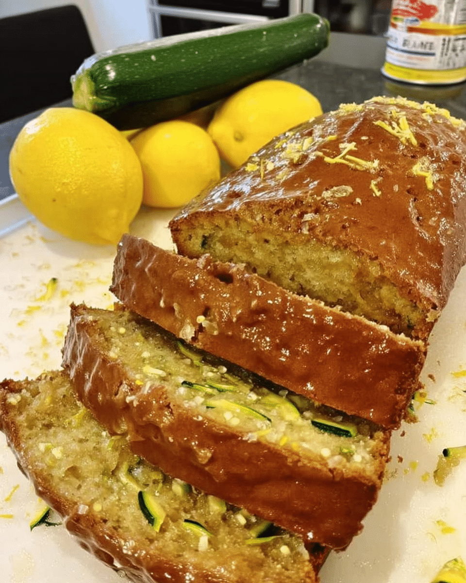 Freshly baked lemon zucchini bread loaf on cooling rack