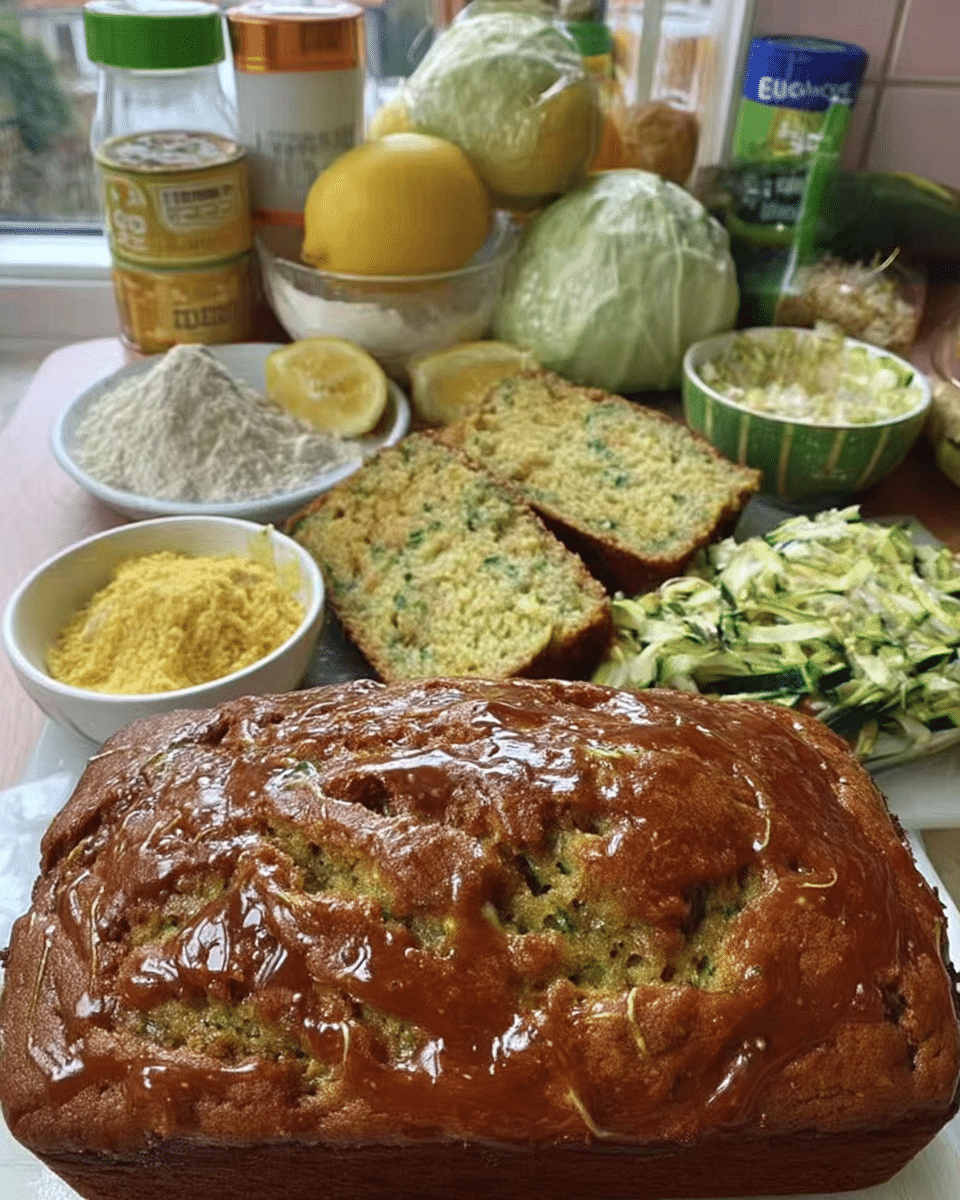 Glazed lemon zucchini bread with fresh lemon slices beside it