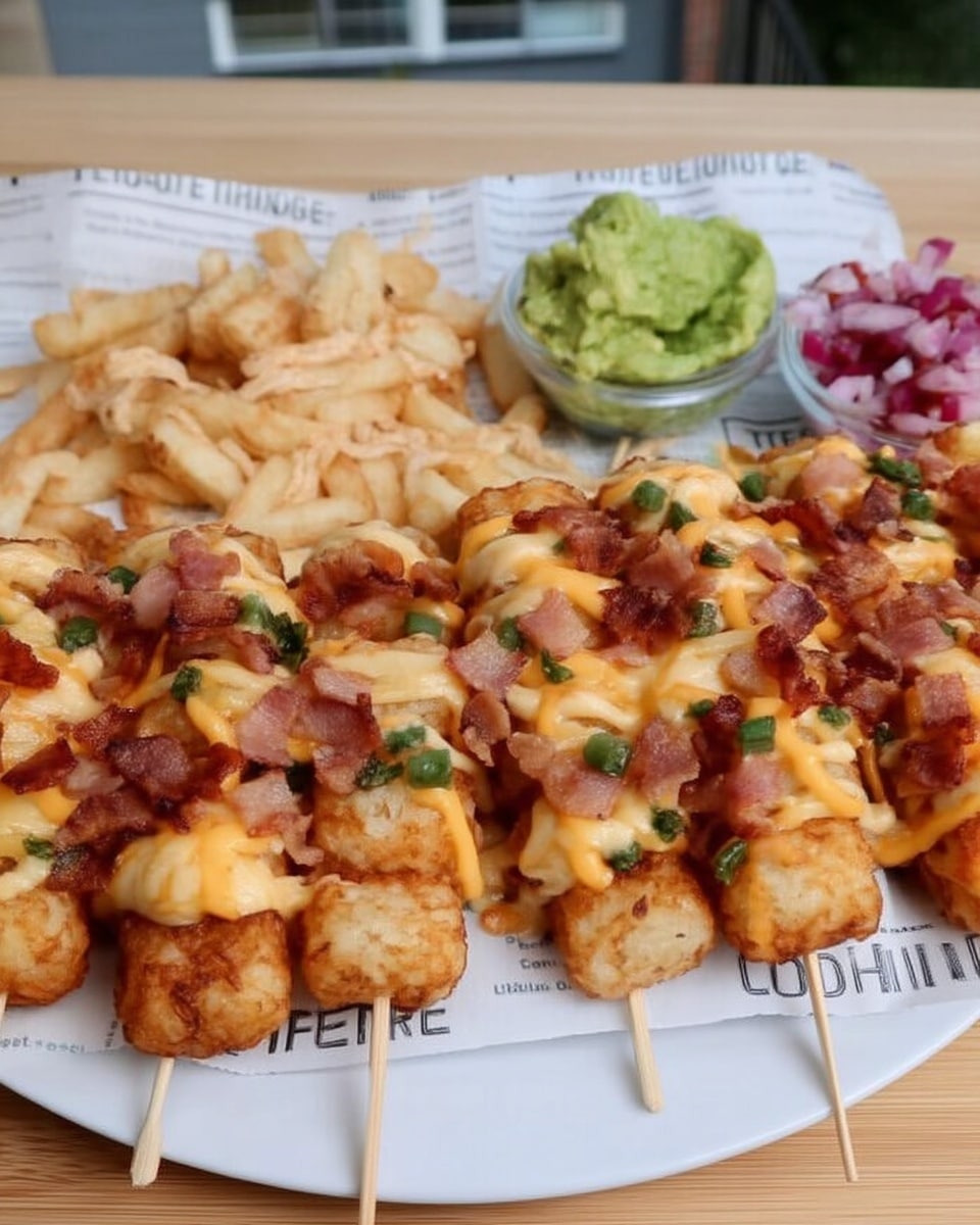 Loaded Tater Tot Skewers: Cheesy tater tot appetizers with bacon and ranch seasoning, perfect for game day or parties! Get the easy recipe for these delicious and fun tailgate food skewers.