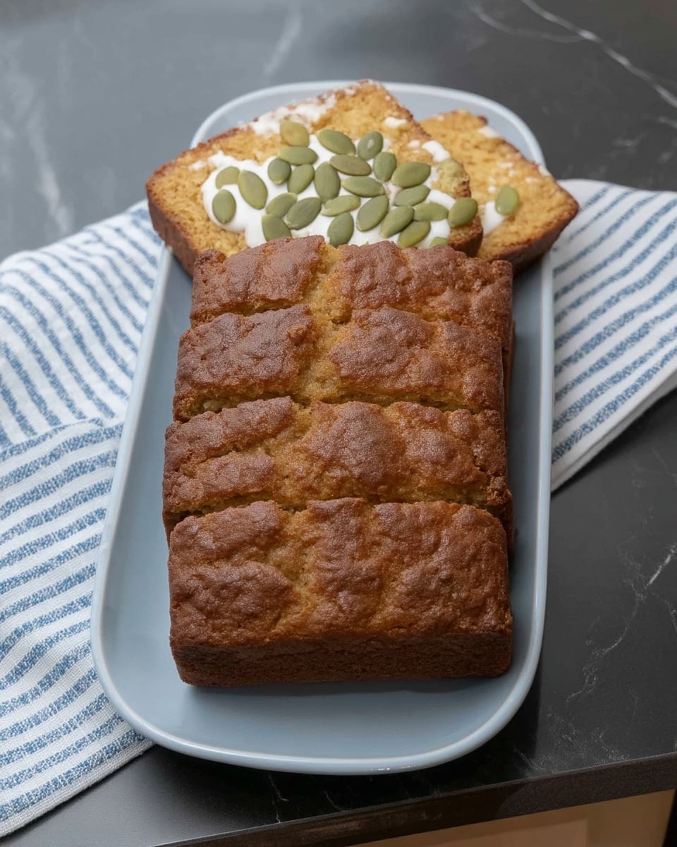 Overhead pumpkin bread recipe with pepitas and parchment