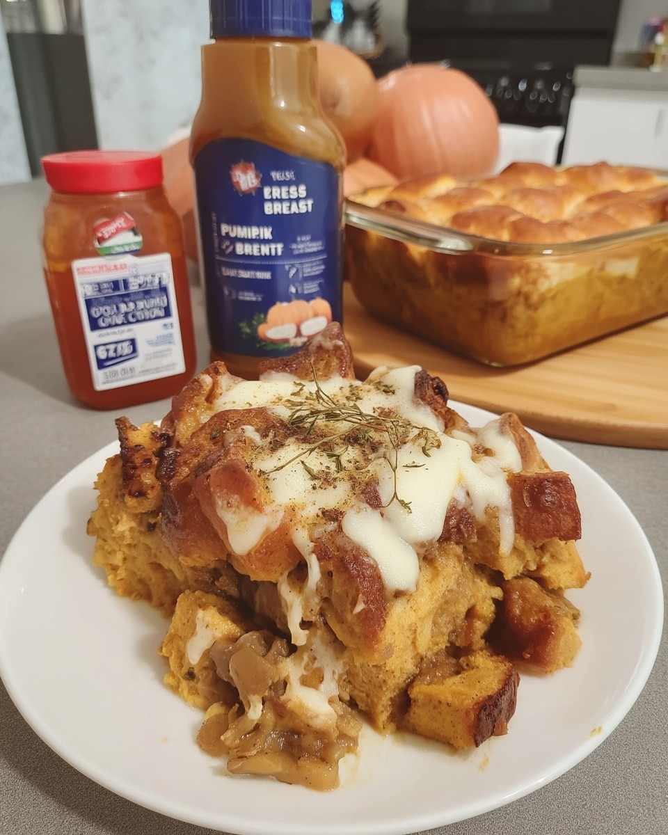Unbaked pumpkin french toast casserole with pecans and custard in baking pan