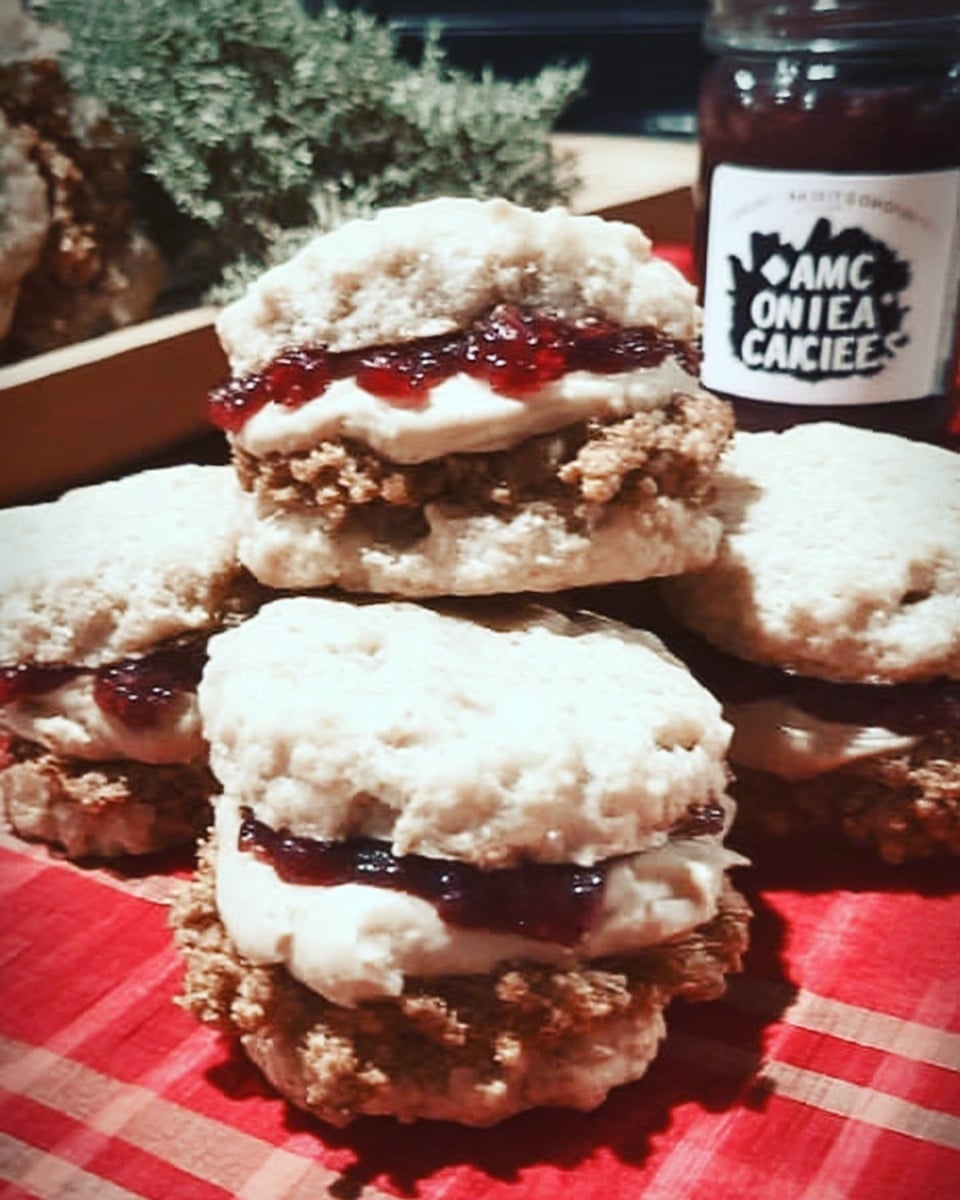 Close-up of cookie sandwich filled with peanut butter and jelly