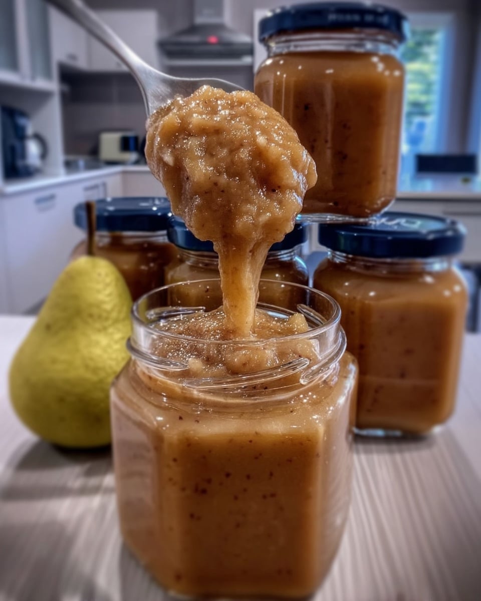 Easy Crockpot Pear Butter Recipe! Learn how to make delicious spiced pear butter in your slow cooker with this simple canning recipe. Perfect for homemade jam and hostess gifts!