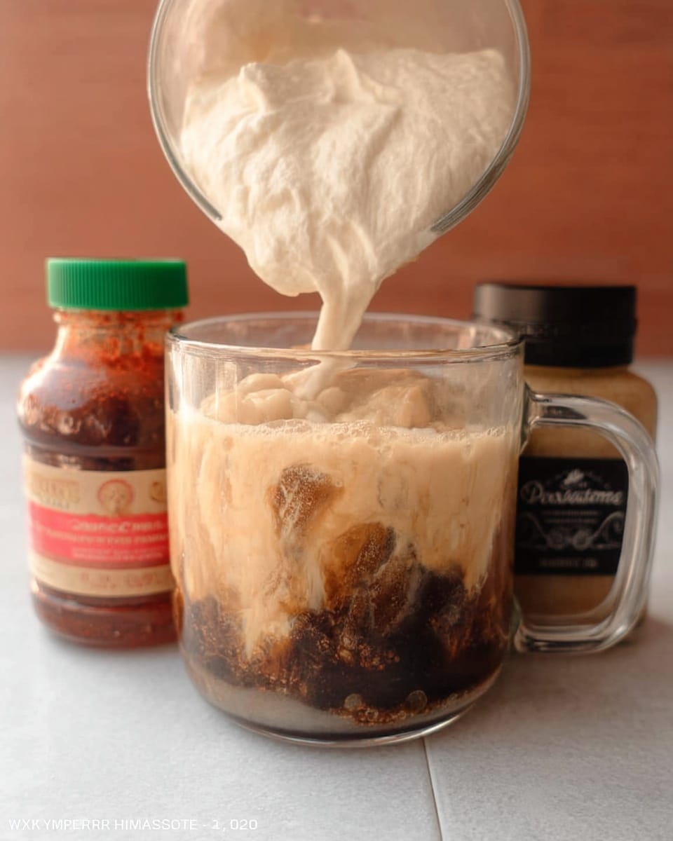 Pouring homemade pumpkin spice coffee creamer into coffee