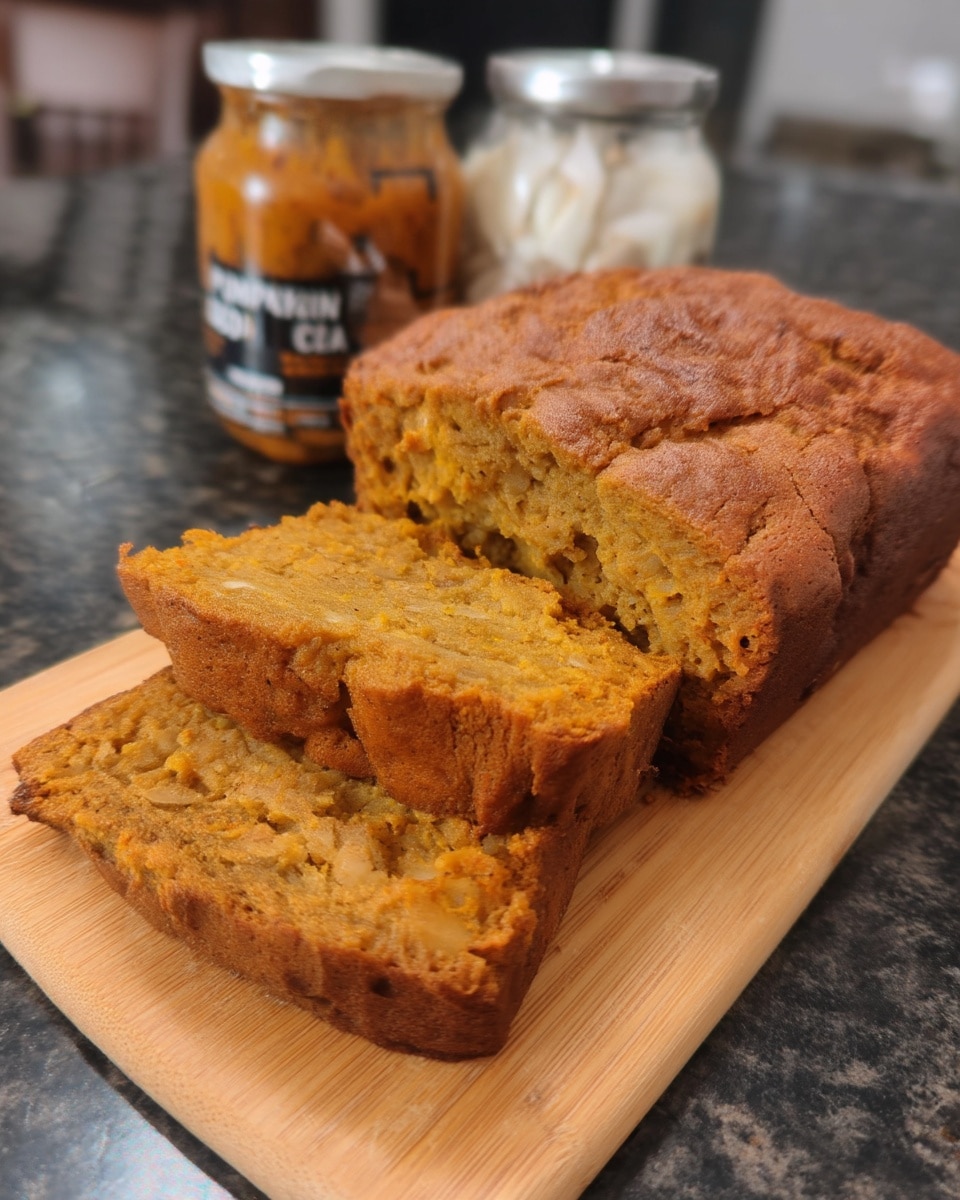 Sliced pumpkin bread on wooden cutting board with fall decor