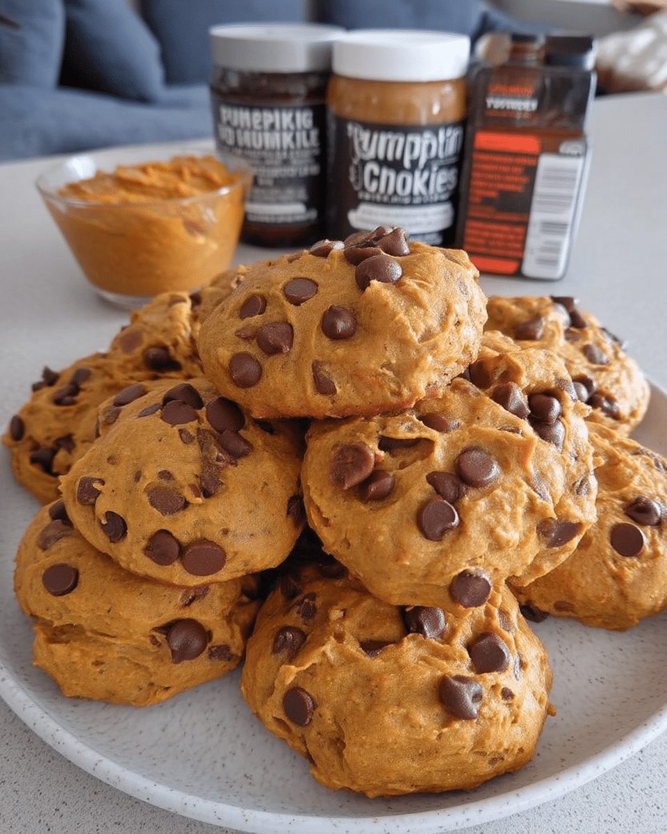 Soft pumpkin cookies on a cooling rack with chocolate chips
