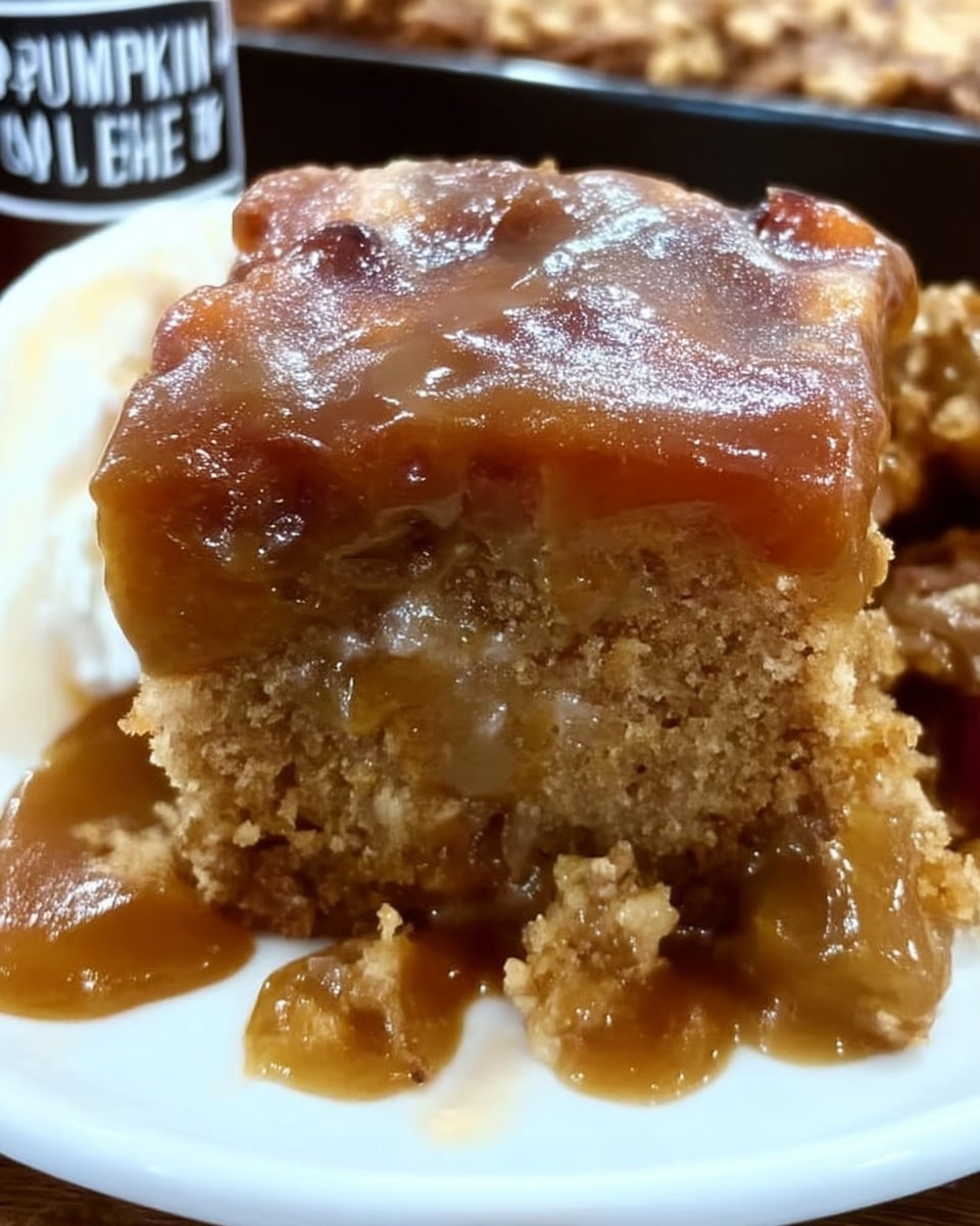 Slice of pumpkin crunch cake showing custard and crumb layers